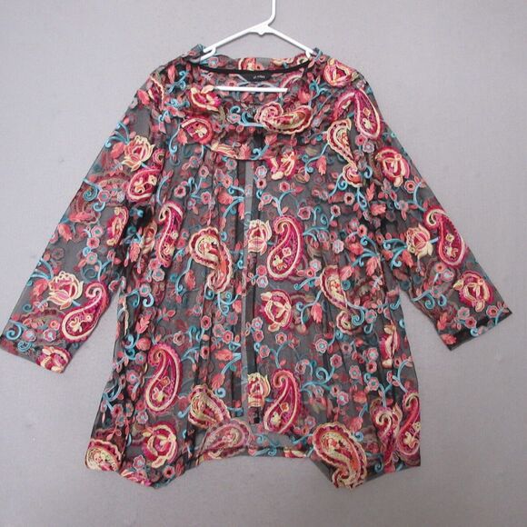 Ali Miles Top Tunic Floral Paisley‎ Embroidered Sheer Cowl Neck Boho - Picture 1 of 11